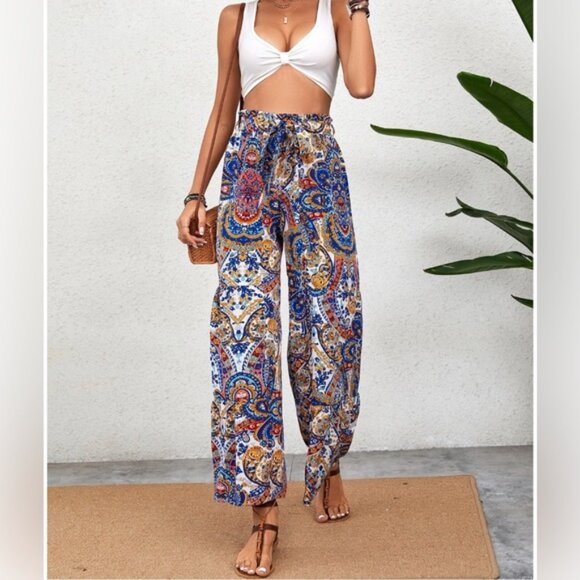 Paisley Print Belted Ruffle Wide Leg Pants - Picture 5 of 9